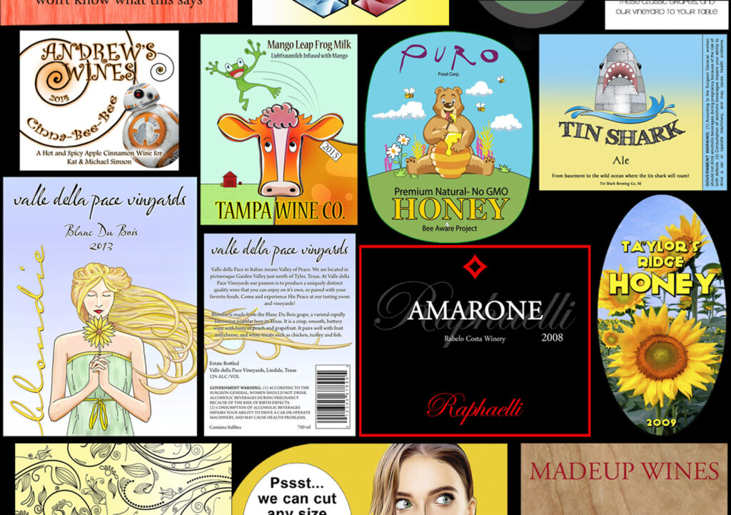 samples of different wine and beer labels to show label design services