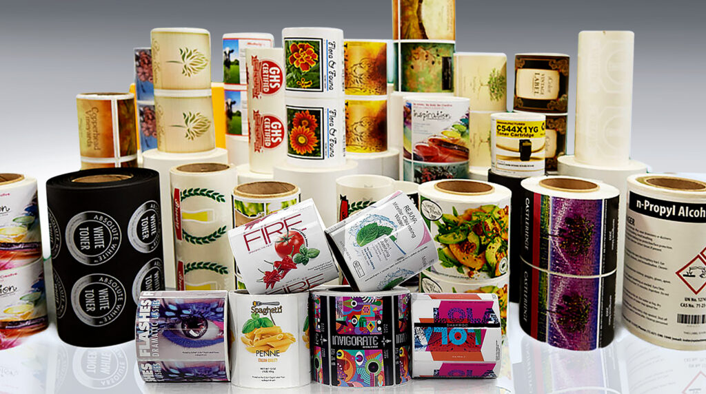 stacks of wine and beer labels printed on rolls